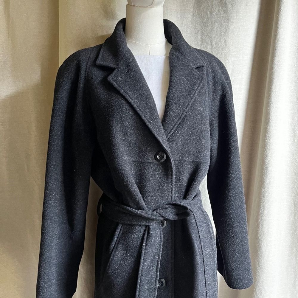 Sandro Charcoal Wool Belted Jacket Coat Y2K Minimalist Size 10 - Picture 2 of 8